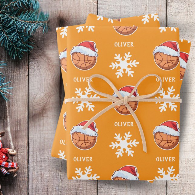 Feuille De Papier Cadeau Basket-ball avec Red Santa Hat Snowflon Nom (Créateur téléchargé)