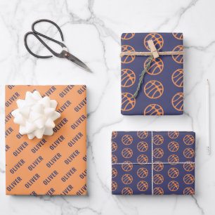 Feuille De Papier Cadeau Basket-ball Motif violet orange Nom