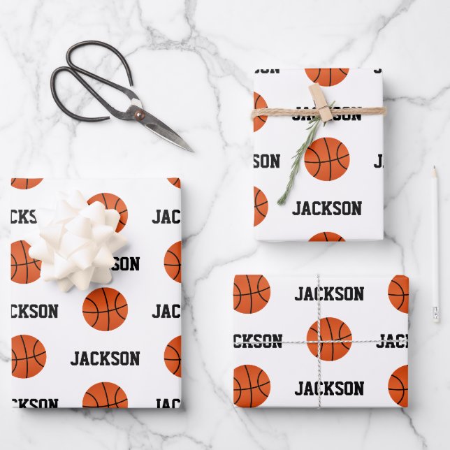 Feuille De Papier Cadeau Basket-ball Nom Motif Enfants Blanc (Recto)