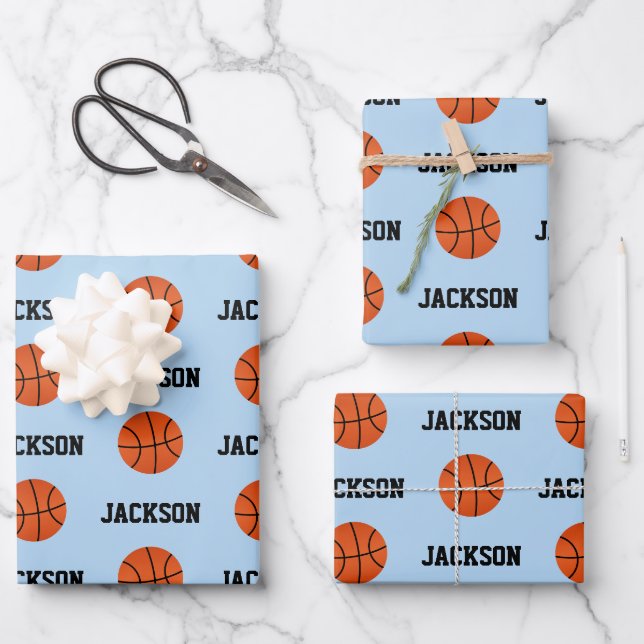 Feuille De Papier Cadeau Basket-ball Nom Motif Enfants Bleu (Recto)