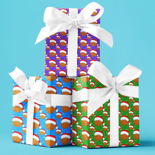 Feuille De Papier Cadeau Basket-ball portant Père Noël Casquette et flocons