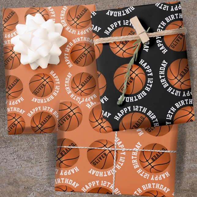 Feuille De Papier Cadeau Basketball Balls Enfants Nom Sport Joyeux Annivers (Créateur téléchargé)