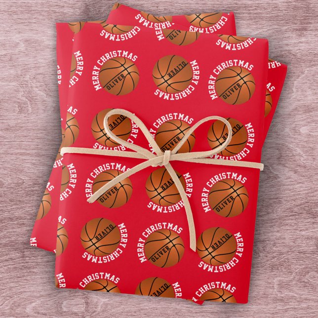 Feuille De Papier Cadeau Basketball Balls Enfants Nom Sports Joyeux Noël (Créateur téléchargé)