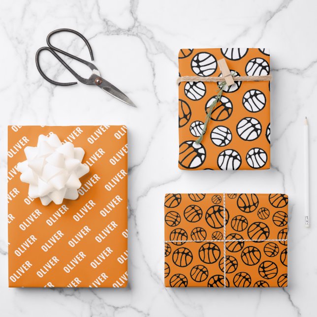 Feuille De Papier Cadeau Basketball Motif Orange Nom (Recto)
