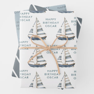 Feuille De Papier Cadeau Bateau à voile Nautique Anniversaire I