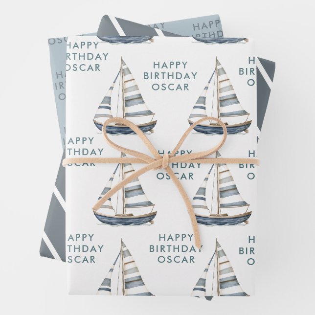 Feuille De Papier Cadeau Bateau à voile Nautique Anniversaire I (En situation)