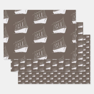 Feuille De Papier Cadeau Bateau à voile Nautique Retro Brown et blanc