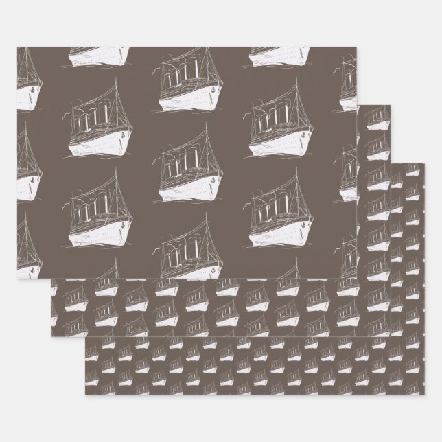 Feuille De Papier Cadeau Bateau à voile Nautique Retro Brown et blanc (Lot)