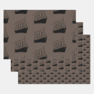 Feuille De Papier Cadeau Bateau à voile Nautique Retro Brown et noir