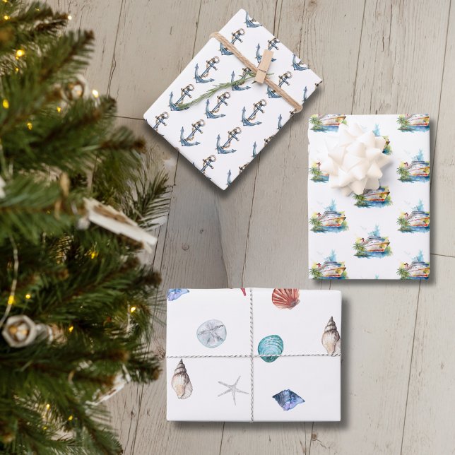 Feuille De Papier Cadeau Bateau de croisière nautique, Ancre et coquillages (Cruise wrapping paper for Christmas or anytime of the year)