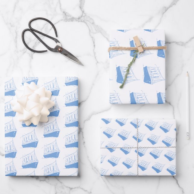 Feuille De Papier Cadeau Bateau nautique bleu et blanc (Recto)