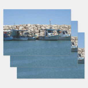 Feuille De Papier Cadeau Bateaux de pêche méditerranéens en Blue Sea Design