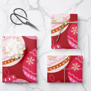 Feuille De Papier Cadeau Baubles De Noël Rose Et Rouge