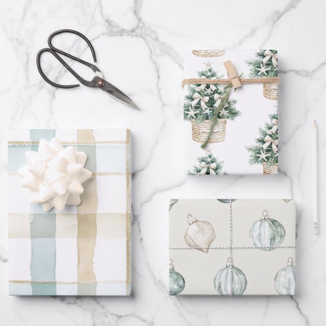 Feuille De Papier Cadeau Beach Blue White Christmas Tree Ornaments (Recto)