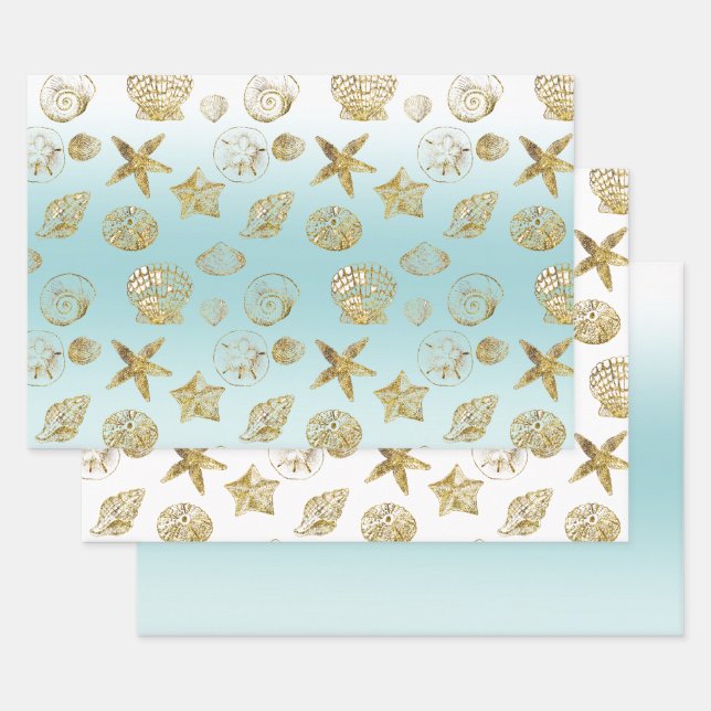 Feuille De Papier Cadeau Beach Gold Sea Shells Aqua Blue Ombre (Lot)