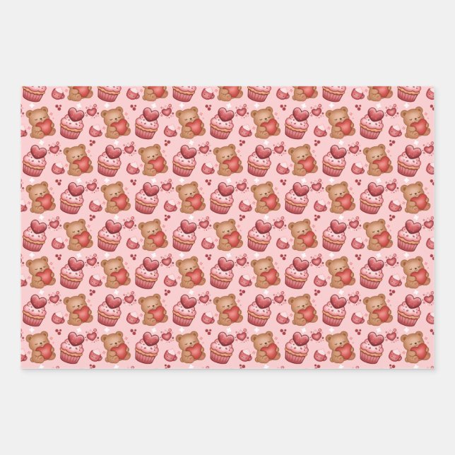 Feuille De Papier Cadeau Bears and Cupcakes Valentines Wrapping Paper (Devant)