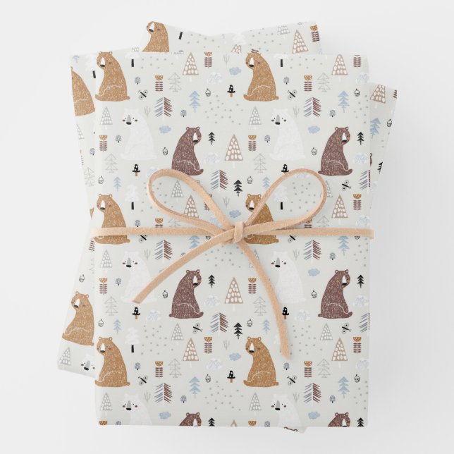 Feuille De Papier Cadeau Bears mignonne dans le Motif Woods (En situation)