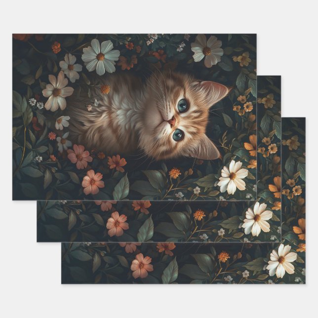 Feuille De Papier Cadeau Beau chaton orange avec Découpage Fleur sauvage (Lot)