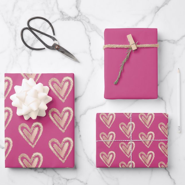 Feuille De Papier Cadeau Beau Coeurs d'or rose et Rose (Recto)