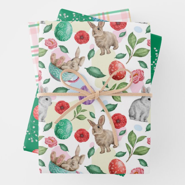 Feuille De Papier Cadeau Beau lapin et fleurs de Pâques (En situation)