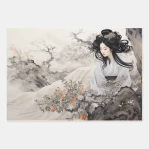 Feuille De Papier Cadeau Beau Meuble d'Art Asiatique Vintage Decoupage