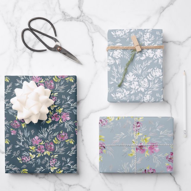 Feuille De Papier Cadeau Beau motif de fleurs d'aquarelle trio (Recto)
