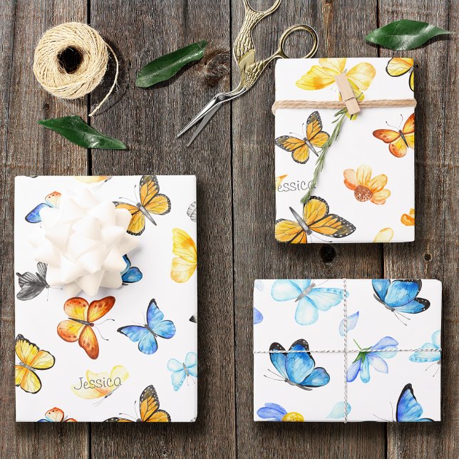 Feuille De Papier Cadeau Beau Motif papillon avec nom Anniversaire (Créateur téléchargé)