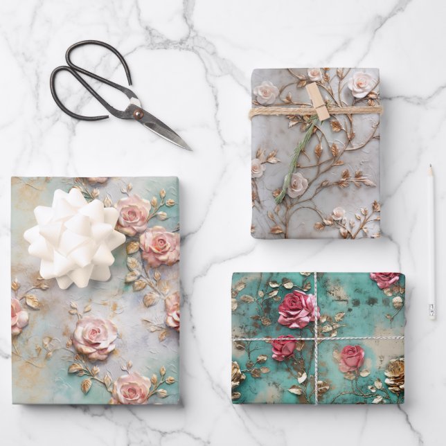 Feuille De Papier Cadeau Beau Romantique Rose rose rose Roses romantiques (Recto)
