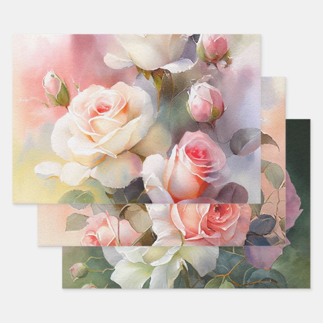 Feuille De Papier Cadeau Beau Roses aquarelle (Lot)
