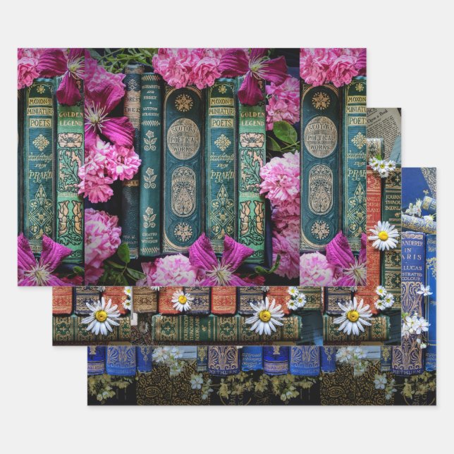 Feuille De Papier Cadeau Beau vieux livres épines et fleurs (Lot)