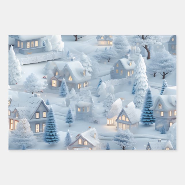 Feuille De Papier Cadeau Beau village de Noël festif 3D (Devant)