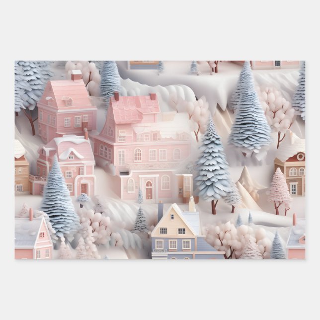 Feuille De Papier Cadeau Beau village de Noël festif 3D (Devant)