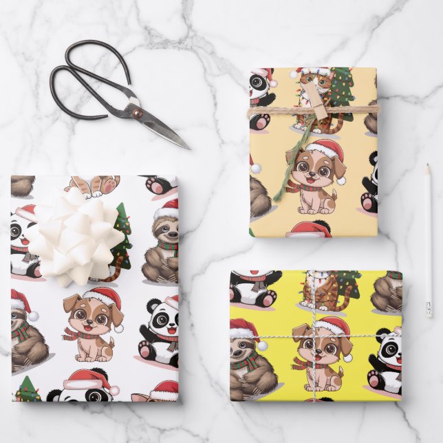 Feuille De Papier Cadeau Beaux animaux avec casquettes de Noël (Recto)
