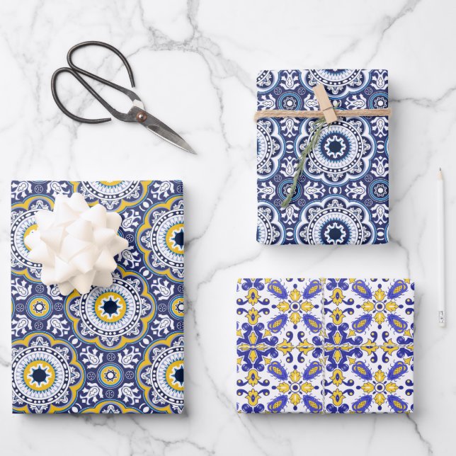 Feuille De Papier Cadeau 💗 Beaux Azulejos bleus et jaunes, (Recto)