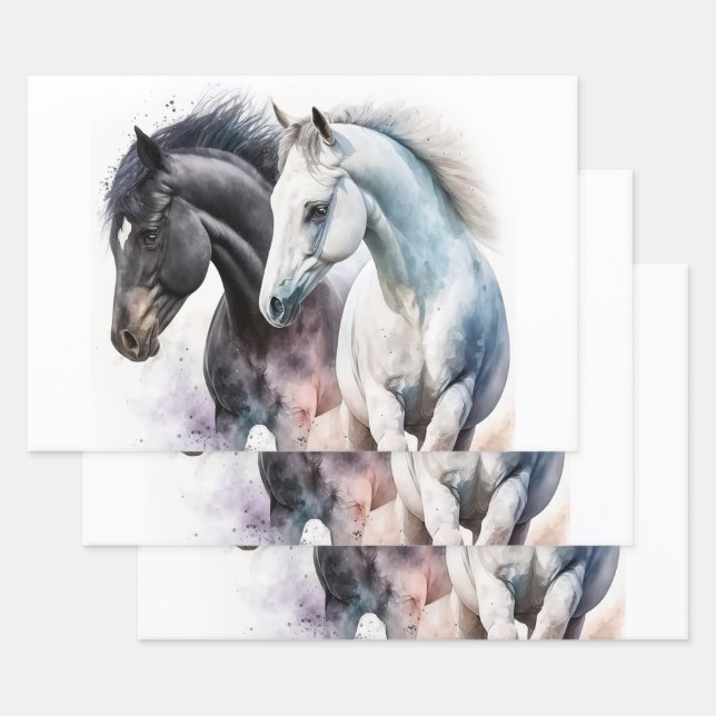 Feuille De Papier Cadeau Beaux Chevaux en Aquarelle (Lot)