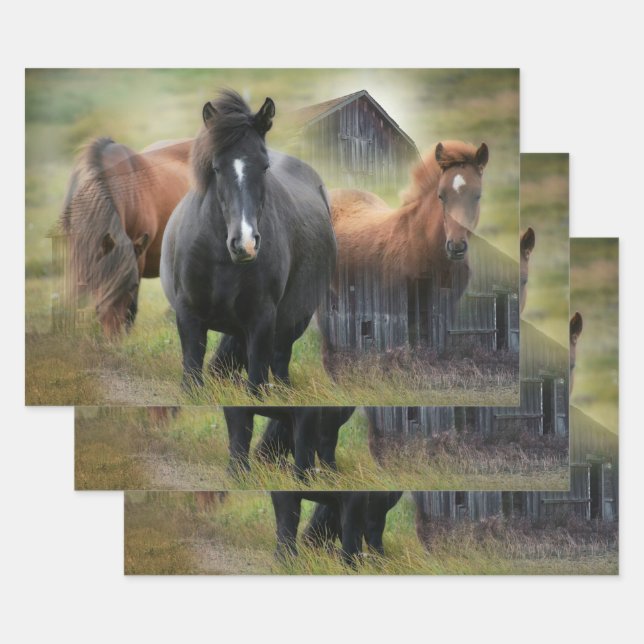 Feuille De Papier Cadeau Beaux chevaux et grange rustique (Lot)