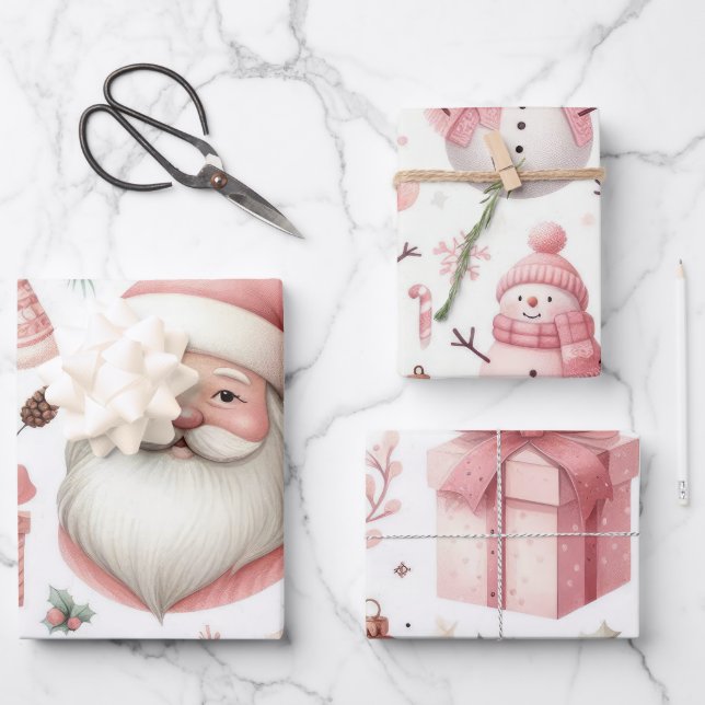 Feuille De Papier Cadeau Beaux modèles de Noël Pastel Rose (Recto)