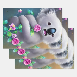 Feuille De Papier Cadeau Bébé adorable Ours Koala avec fleurs