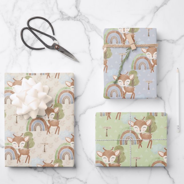Feuille De Papier Cadeau Bébé Animal Cerf Bleu Vert Tan (Recto)