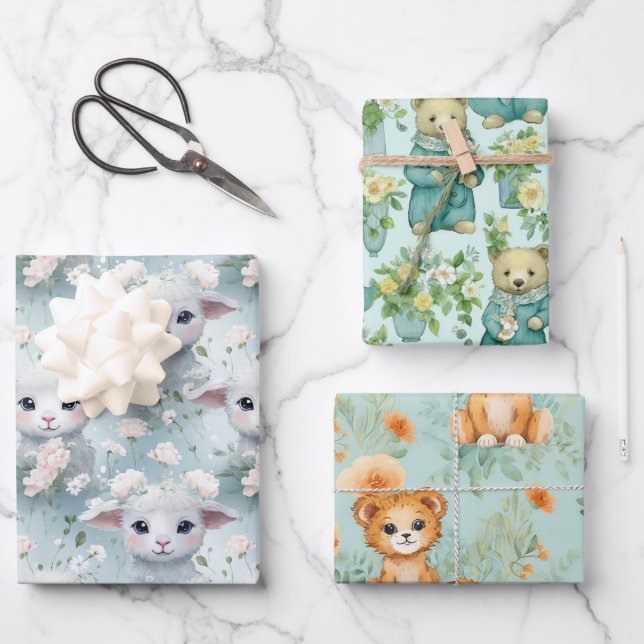 Feuille De Papier Cadeau Bébé Animaux (Recto)