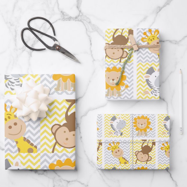 Feuille De Papier Cadeau Bébé Animaux Girafe, Singe, Lion, Thème Zèbre (Recto)