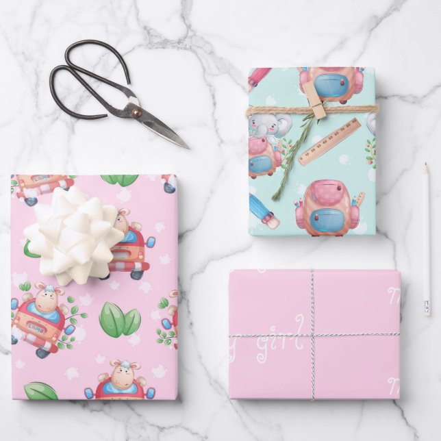 Feuille De Papier Cadeau Bébé Animaux rose pour fille (Recto)