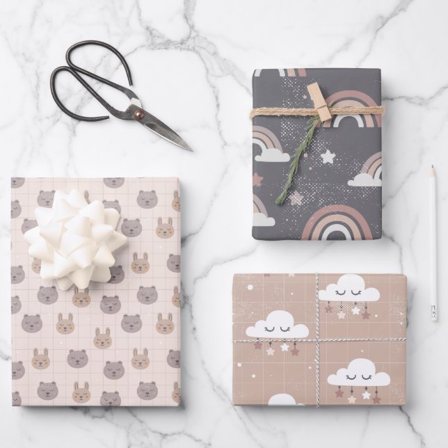 Feuille De Papier Cadeau Bébé arc-en-ciel neutre Boho (Recto)