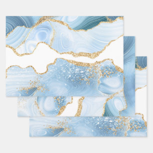 Feuille De Papier Cadeau Bébé Bleu et Faux Or Parties scintillant Marbre Ag