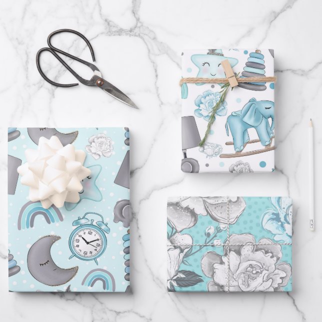 FEUILLE DE PAPIER CADEAU BÉBÉ BLEU & GRAY OBJETS GARÇON JOUETS ÉTOILES (Recto)