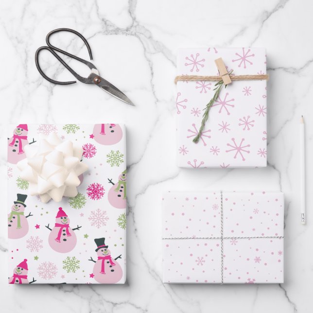 Feuille De Papier Cadeau Bébé Fille rose Noël Snowmen et Snowflakes (Recto)