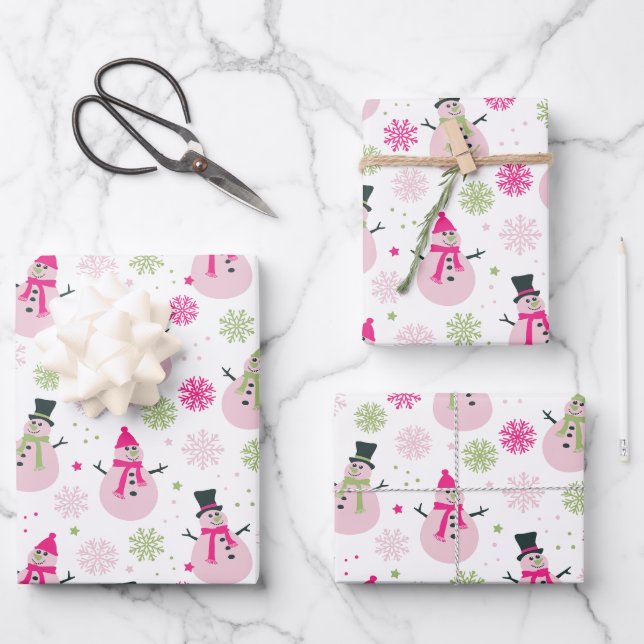 Feuille De Papier Cadeau Bébé Fille rose Noël Snowmen et Snowflakes (Recto)