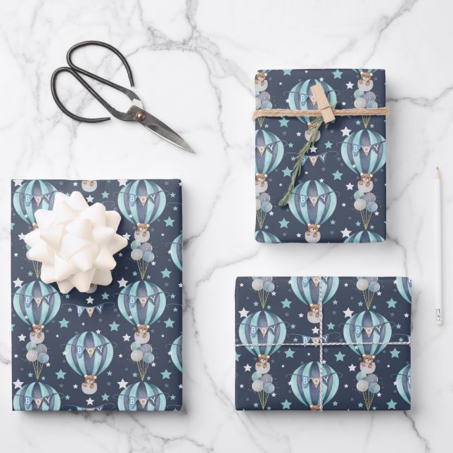 Feuille De Papier Cadeau Bébé Garçon Baby shower bleu envelopper cadeau Nou (Recto)