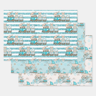 FEUILLE DE PAPIER CADEAU BÉBÉ GARÇON BLUE TRAINS BLOCS VOITURES ÉTOILES