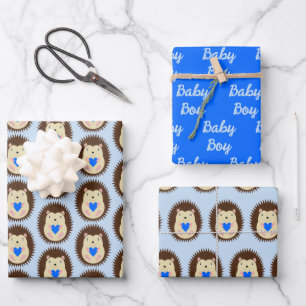 Feuille De Papier Cadeau Bébé Garçon Cœur Hérisson Nouveau-Né